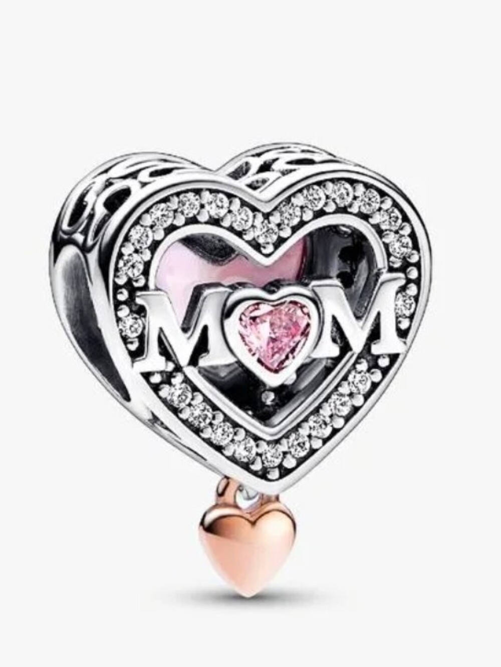 Authentic NEW Pandora Two-tone Openwork Mom & Heart Charm 14KRGP CZ S925ALE
